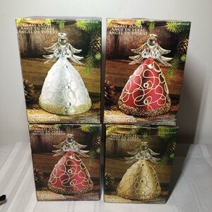 Christmas tree ornaments. Glass ANGELS Costco. 2 red. One gold. One silver. 4.5”